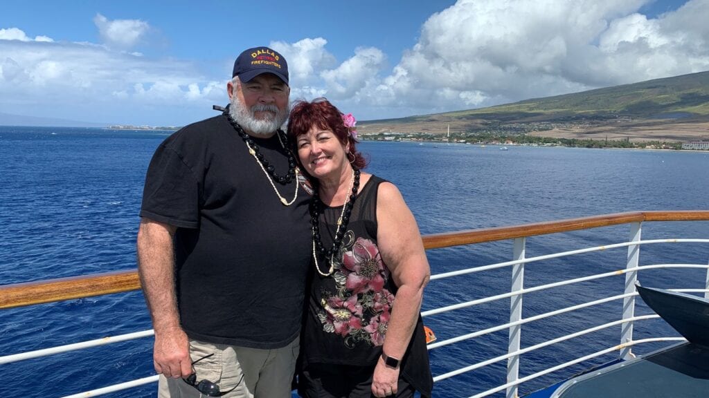 Susan and Michael Dorety are shown on a Grand Princess cruise they took in February to celebrate their 40th wedding anniversary. The retired Dallas firefighter later died alone from COVID-19 in a California hospital room after becoming infected on the ship.(Courtesy Susan Dorety)